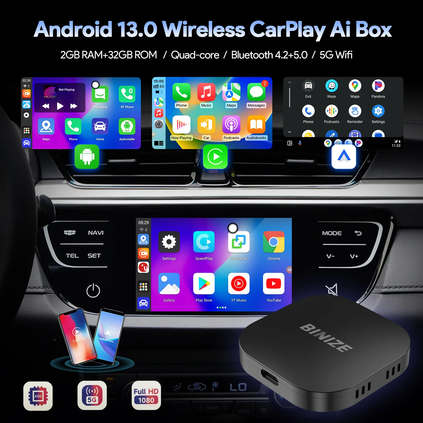 Binize Carplay Ai Box Android 13.0 Беспроводной Carplay/Android Auto 4-ядерный 2G 32G для Volvo Mazda VW Kia Toyota