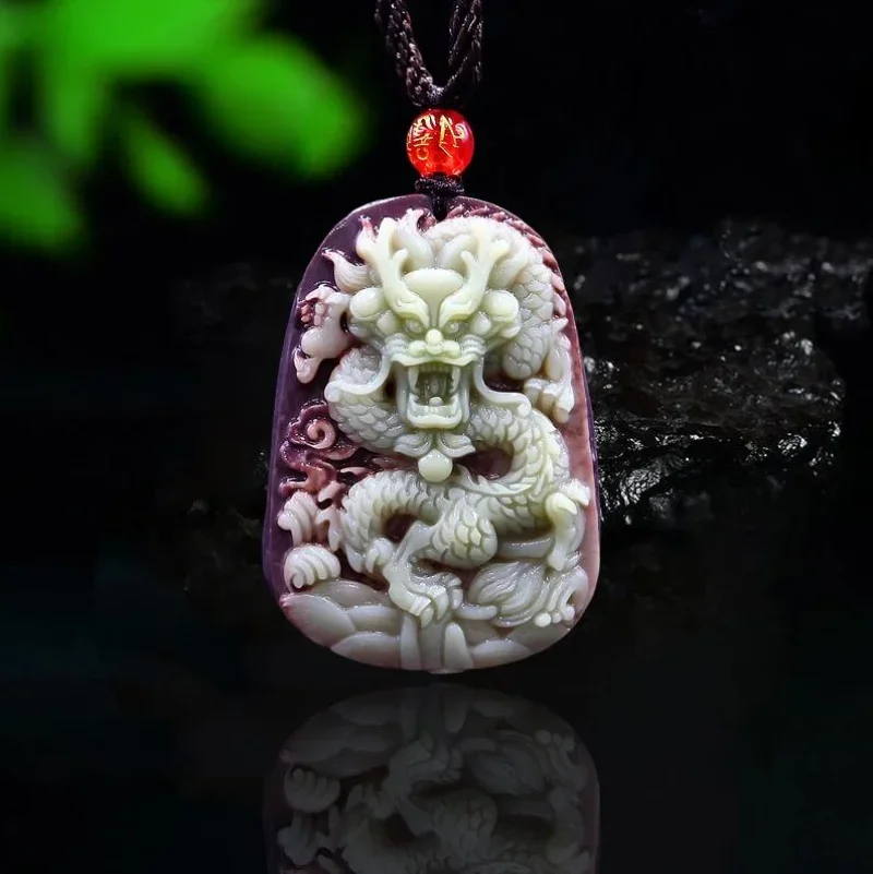 Fioletowa szata Jadeitowy smok Naszyjnik Chińska biżuteria Naturalny kamień szlachetny Moda Rzeźbiony urok Mężczyzna Kobieta Amulet