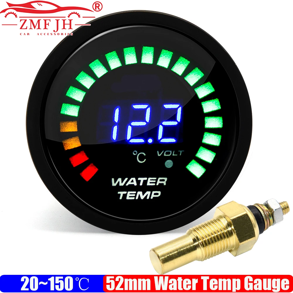ZMFJH Digital 20-150℃ 52mm Water Temperature Gauge With Sensor 10mm Smoked Lens Water Temp Meter Indicator for Petrol Car 12V