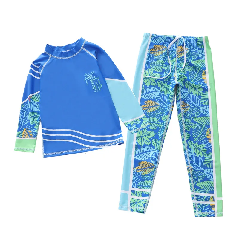 

HappyFlute Boys Two-piece Set Long Sleeve Sun Protection Plain Color Print Summer Travel Swimsuit