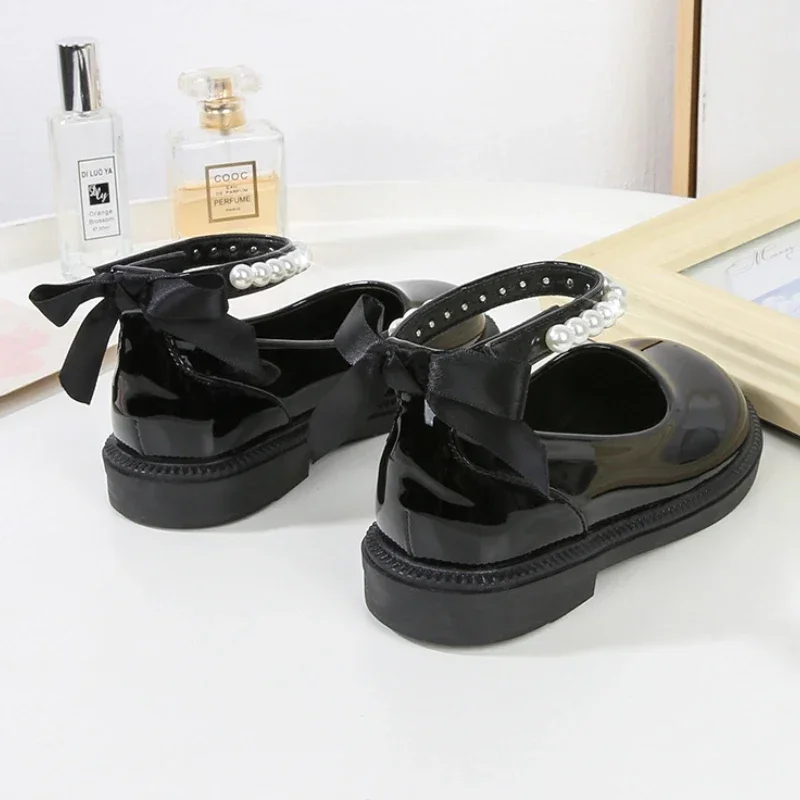 New Autumn Girl Glossy Leather Shoes Children Princess Back Bowknot Beading Single Shoes Kid School Solid Black Dance Mary Janes