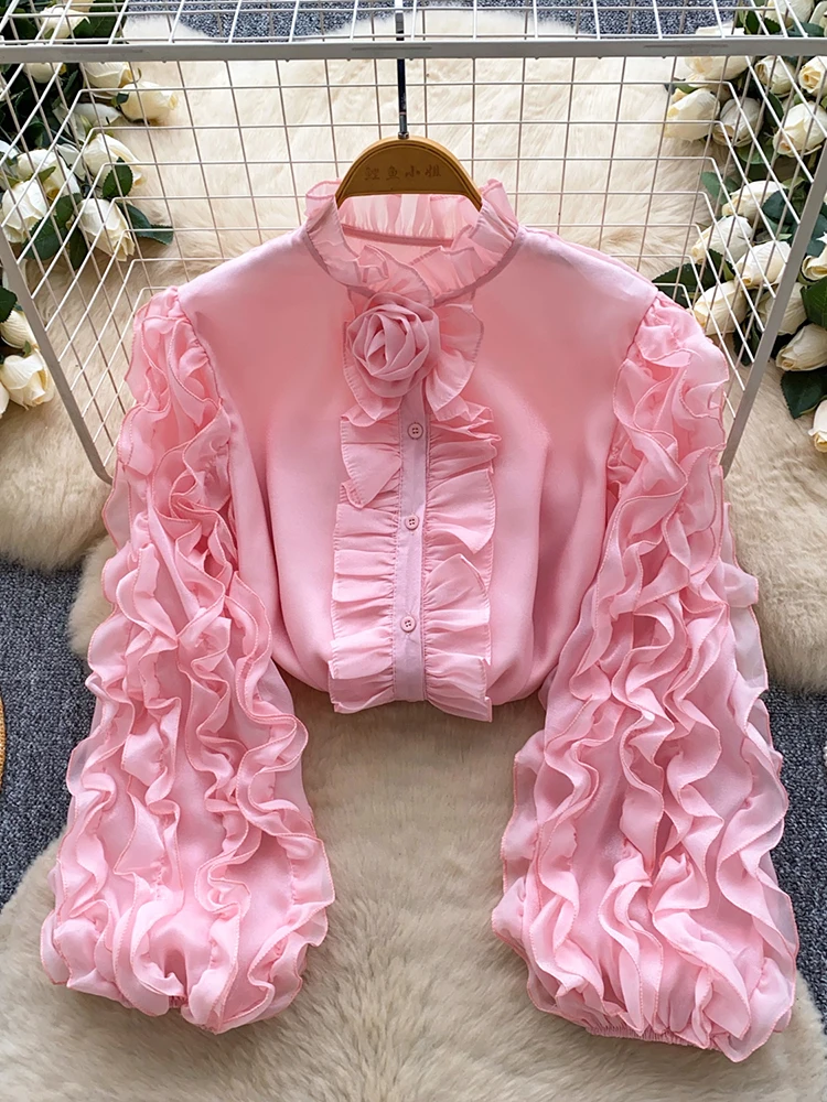 

Spring Autumn French Sweet Mushroom Edge Stand Up Collar Shirt for Women 2025 New Fashionable Loose and Elegant Blouse Top W75