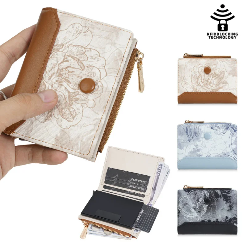 New Multi-Functional Anti-Demagnetization Peony Print Small Money Clip,  Multi-Slot Short Wallet For Women, Card Holder