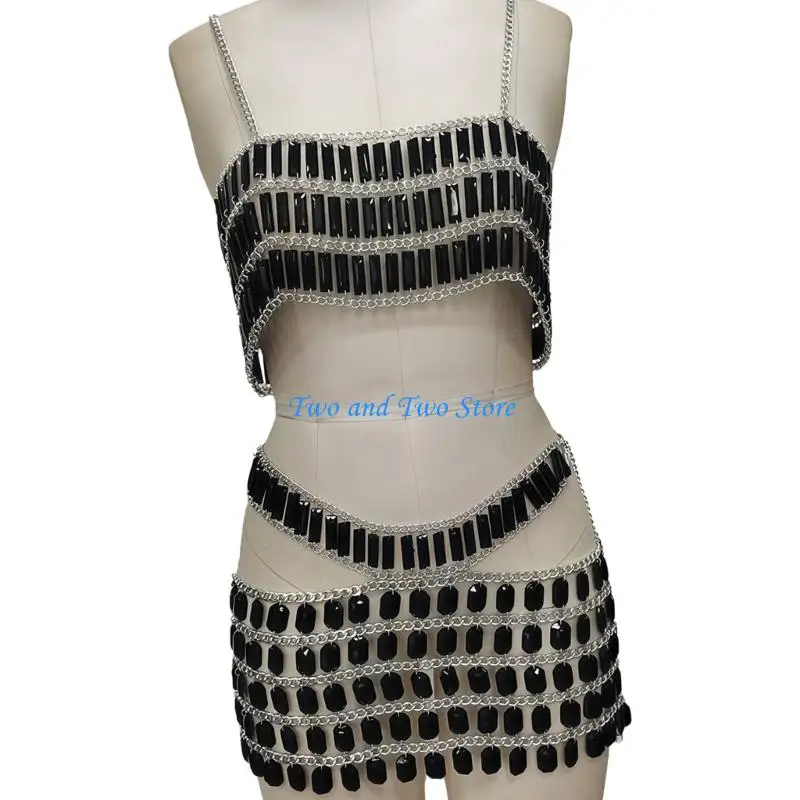 HX6F Blackless Crop Top Short Skirt Rhinestones Bras Chain Beach Body Jewelry image 4