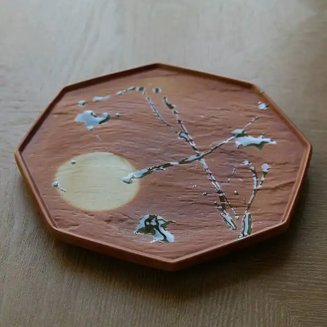 In Stock Japanese Imported Handmade Octagonal Tray Flat Mooncake Tea Snack Rustic Ceramic Plate