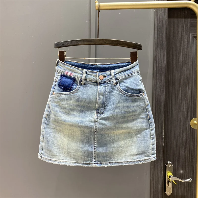 

Retro Contrast Color High Waist Denim Skirt Female European Goods 2024 Summer Design Hot Girl Elasticity Skirts Faldas