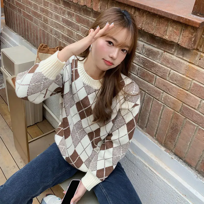 Geometric Loose Sweater Women Autumn Winter Korean Fashion O-neck Long Sleeve Knitwear Simplicity Office Lady Knitting Tops