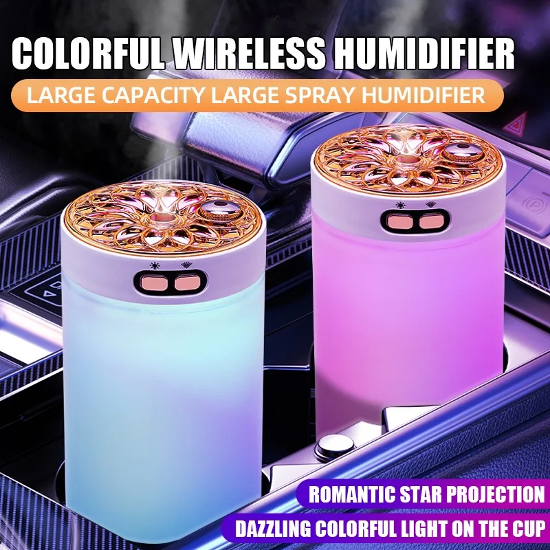 Wireless Car Humidifier Diffuser Starry Sky โปรเจคเตอร์โคมไฟแบบพกพา Air Humidifier MistMaker สําหรับ Home RGB Night