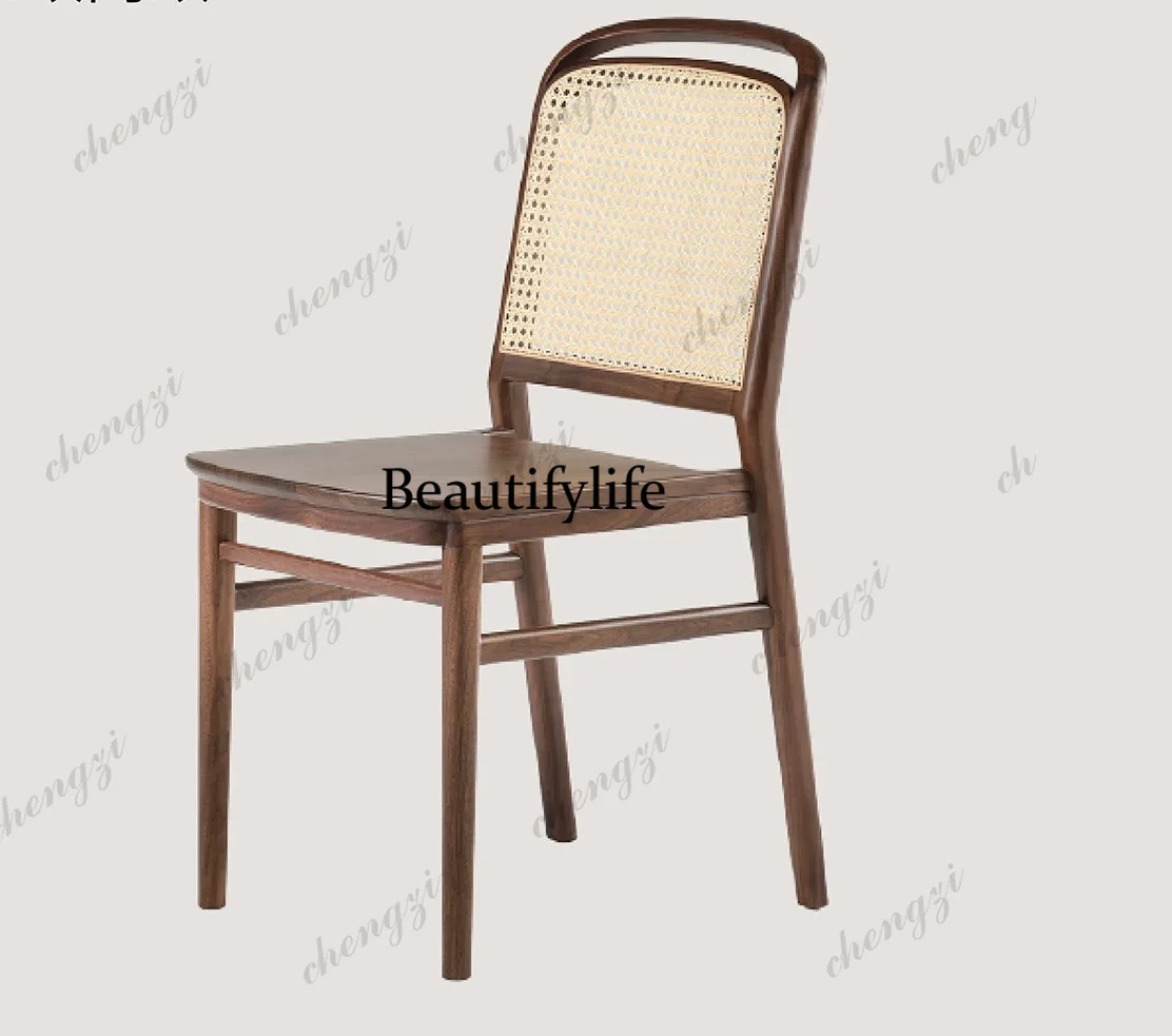 Home Furnishing | Black Walnut Rattan Dining Table Backrest Chair Home Retro Solid Wood Dining Chair