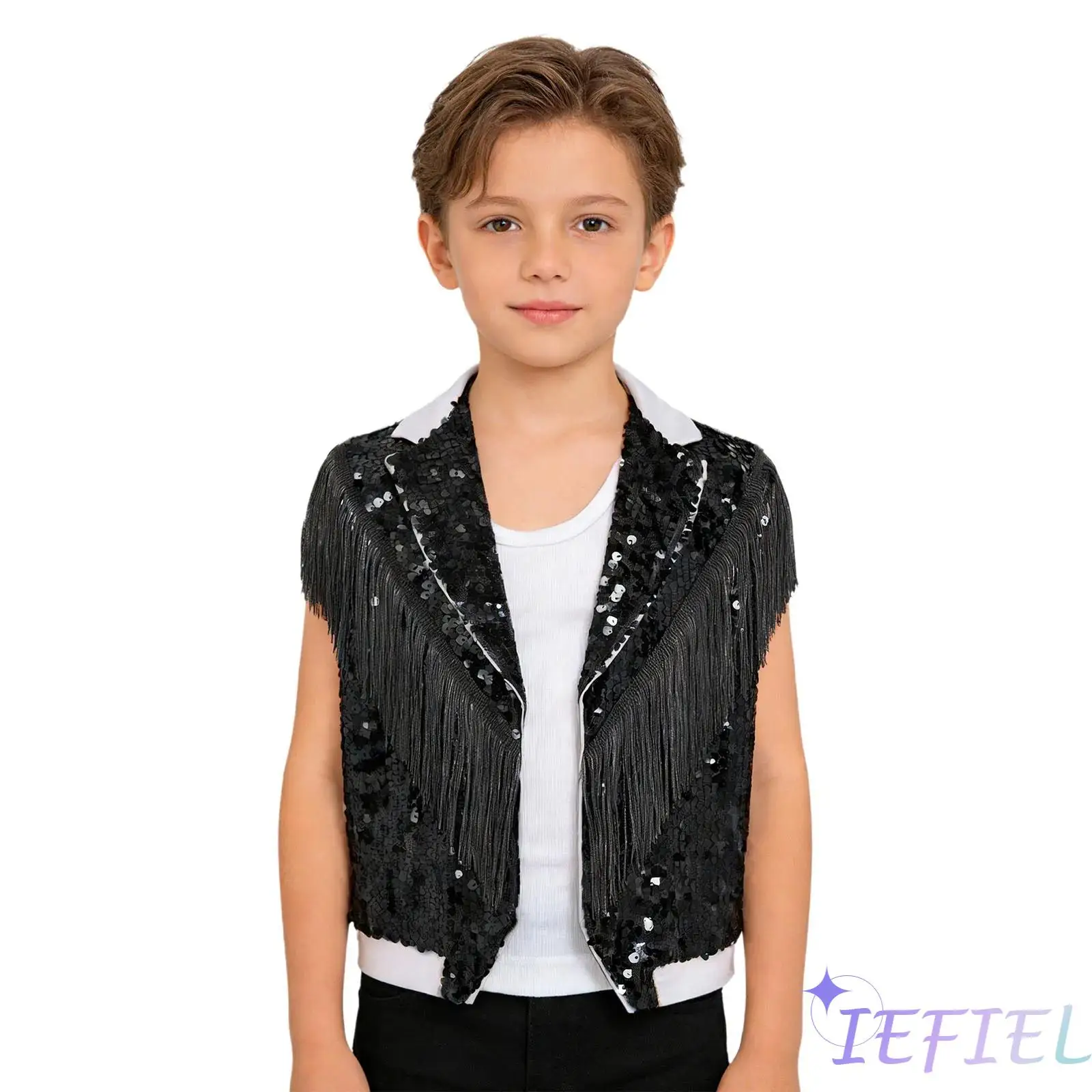

Детские топы для джазовых и хип-хоп танцев для мальчиков, костюмный жилет с блестящими пайетками и бахромой, контрастный цвет, воротник с лацканами, топы без рукавов, танцевальная одежда
