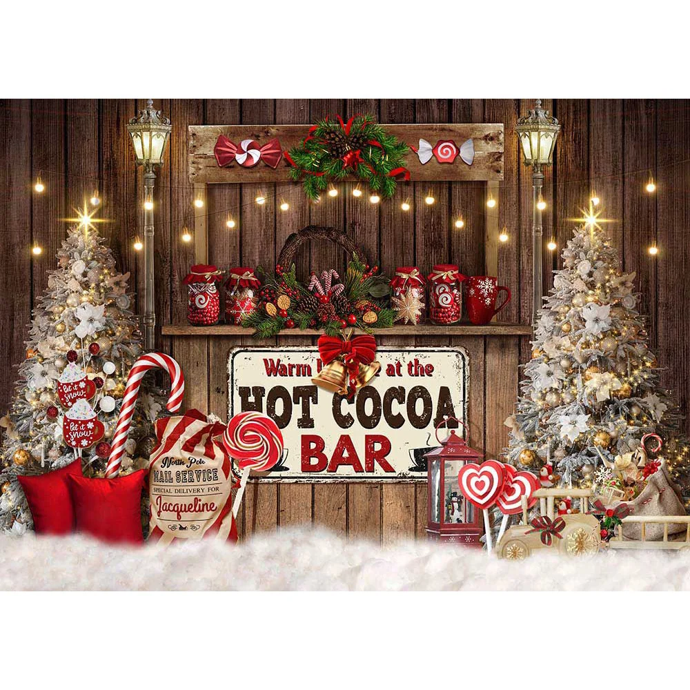 Christmas Hot Cocoa Bar Photography Backdrop Warm Xmas Portrait Photocall Winter Retro Wooden Candy Shop Banner Photo Background