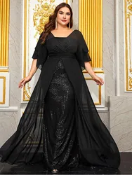 Plus Size 4xl 5xl V-Ausschnitt Kurzarm Chiffon glänzende Pailletten bodenlangen Luxus Abendkleid 4 xl5xl Brautjungfer Abendkleid