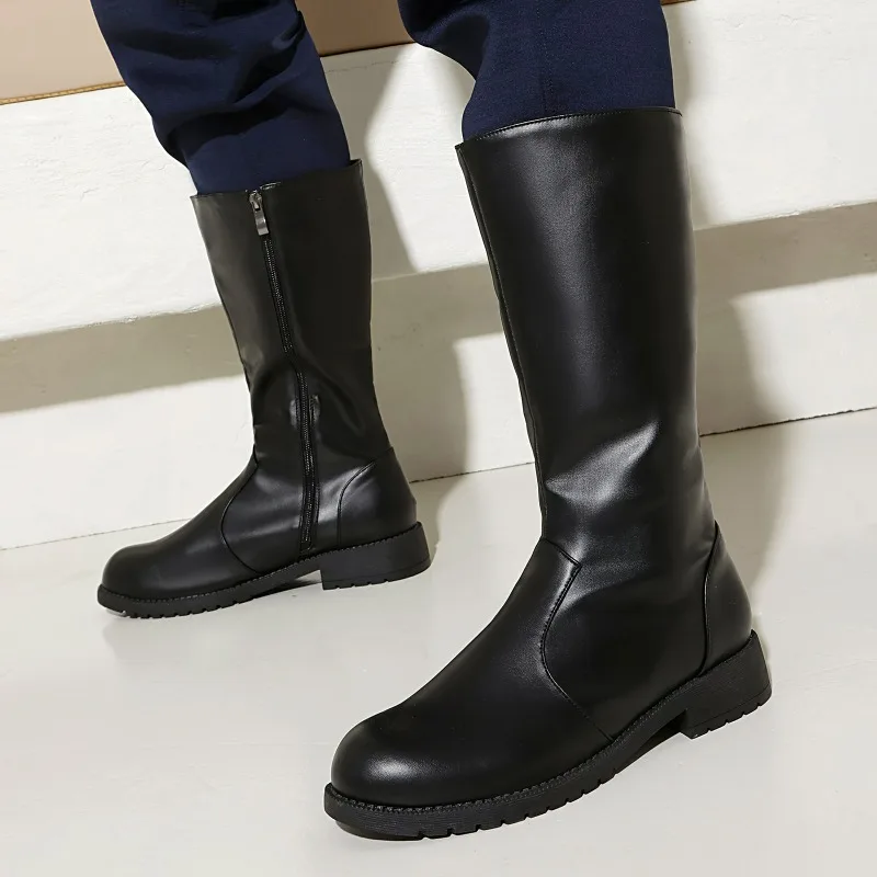 Men Boots Leather Mid Calf Boots 2026 New Round Toe Thick Heels Casual Shoes Solid Color Knight Boot Zipper Plus Size Long Boots