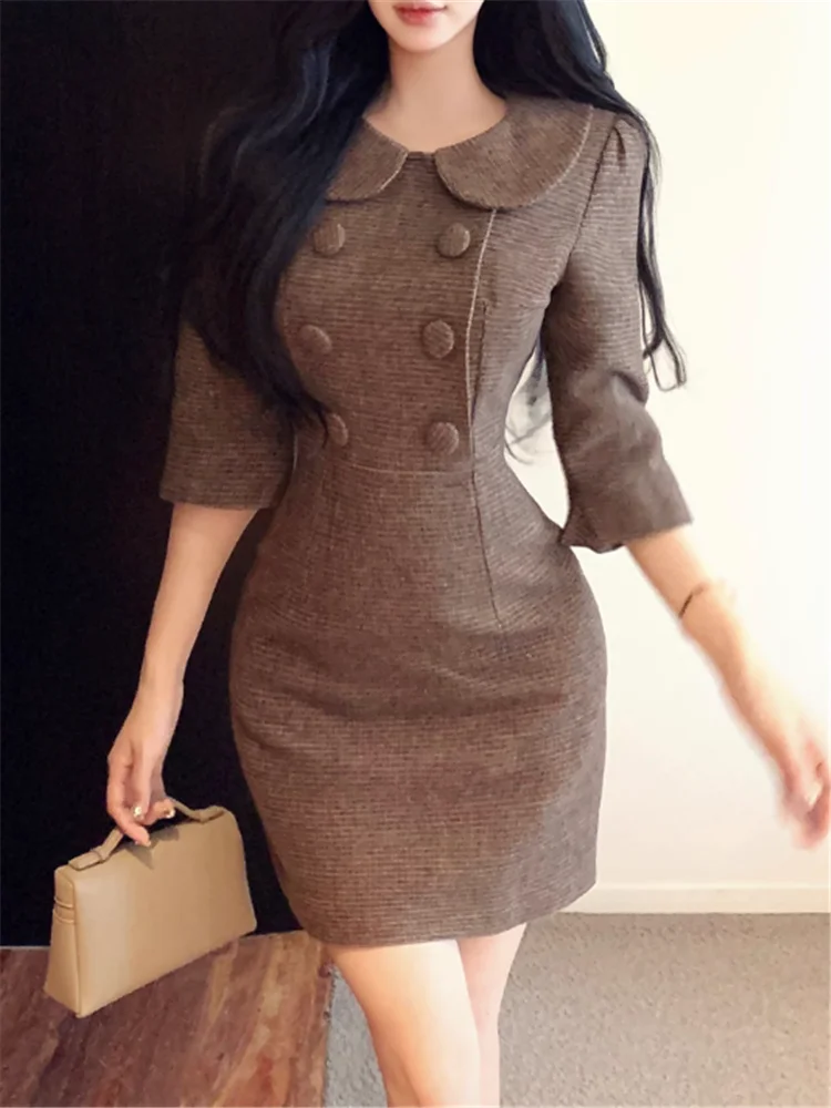 Atemberaubendes, elegantes, neues Herbst-Mini-Partykleid mit halben Ärmeln für Damen, süßes französisches Puppenkragen, figurbetontes, enges, kurzes Kleid mit Boden