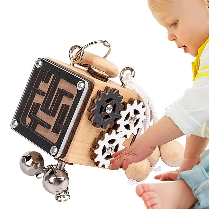 Cubo occupato Giocattolo agitarsi Cubo di legno Giocattolo da viaggio Scheda educativa Giocattolo sensoriale Blocco interattivo Giocattolo agitarsi per bambini di età compresa tra 1 a 3 anni