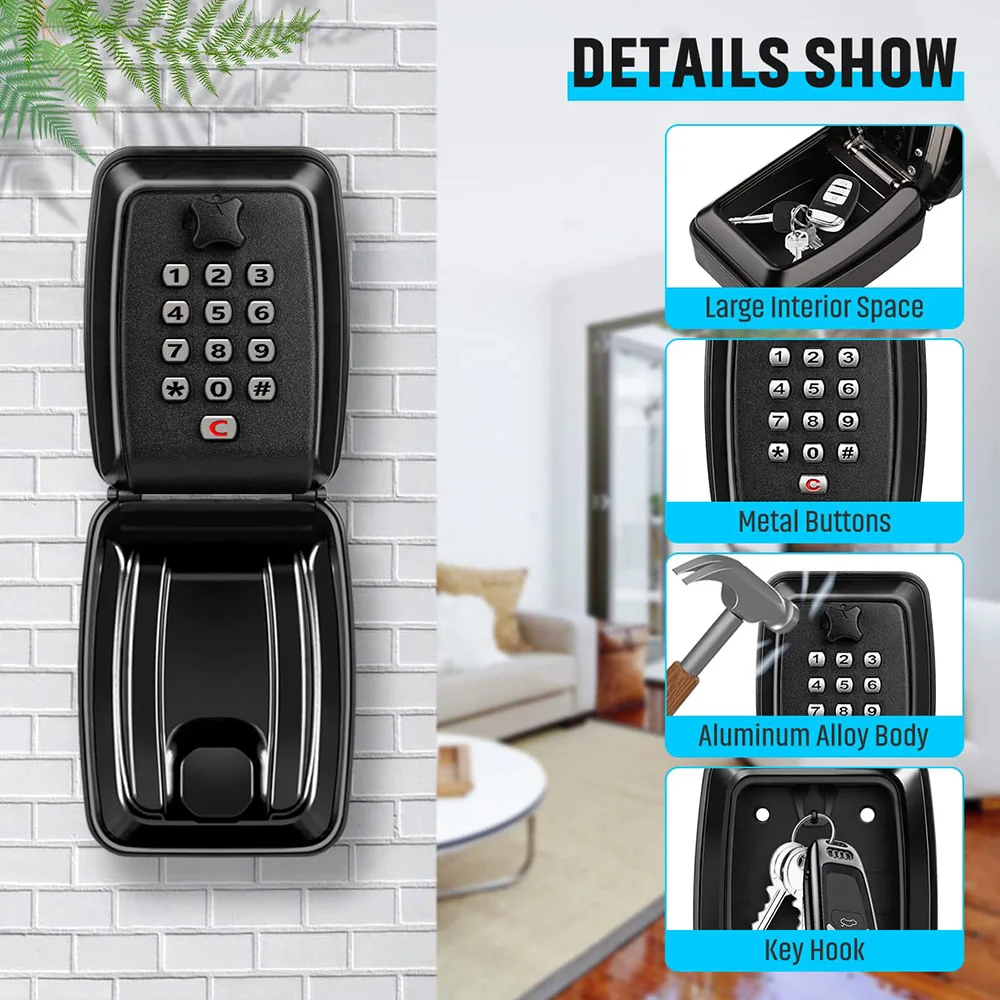 Imagem -04 - Impermeável Wall Mount Key Lock Box Segurança Lockbox Combinação de 12 Dígitos Resettable Grande Capacidade Casa Garagem Escritório