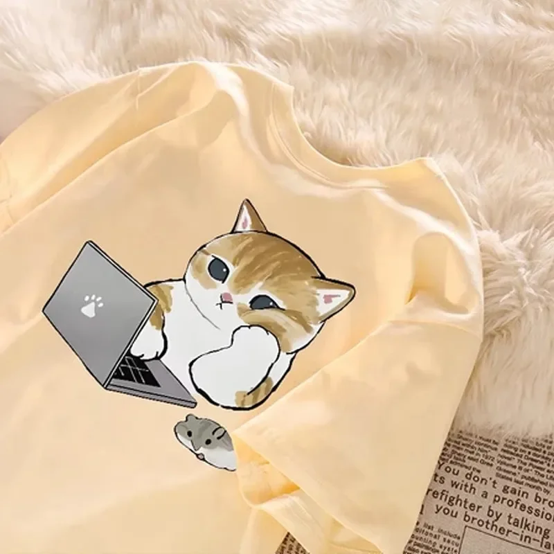 

Cartoon Cat Print Short Sleeve Round Neck T-shirt Summer Loose Casual Women Comfortable Top T-shirt Large Size Universal