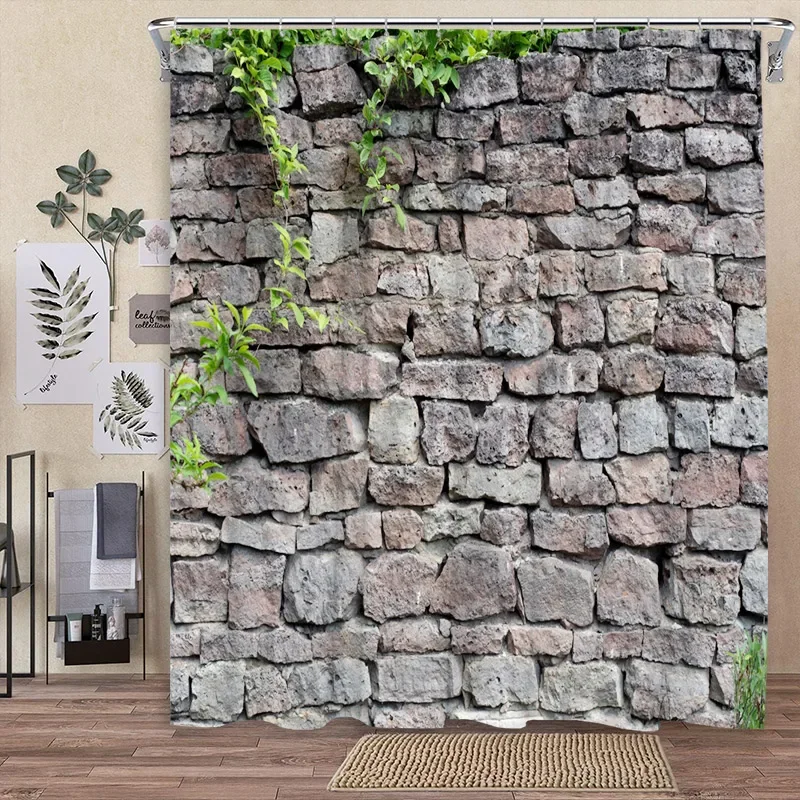 

Vintage Shower Curtain Brick Wall Farm Nature Plant Retro Red Brick Rock Home Polyester Fabric Bathroom Decor Curtain with Hoo