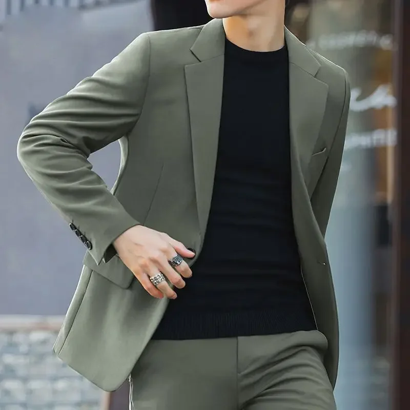 2 Piece Outfit Set Male High Quality 2025 Solid Color Slim Fit Full Men\'s Suits and Blazers Fashion Pants Luxury Elegant Classic