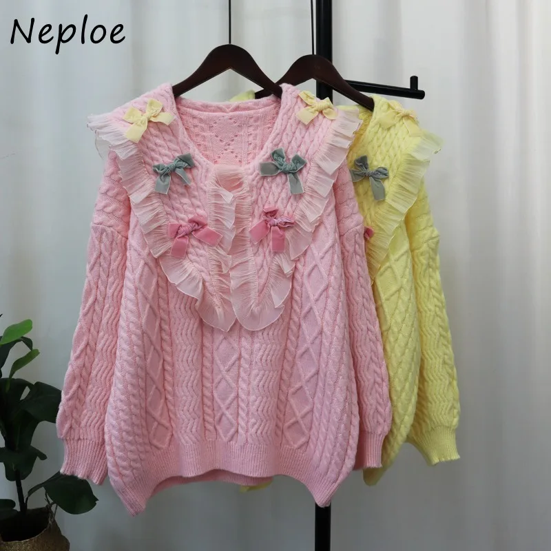 Neploe 2024 Autumn New Sweaters Mujer Korean Loose Sweet Bow Fungus Knitted Pullover Y2k Grunge Long Sleeve Tops Women