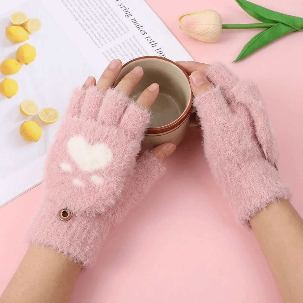 Cartoon Style Soft Cat Paw Gloves Thicken Short Fingerless Half Finger Gloves Flip Up and Down Cozy Warm Plush Mittens Outdoor