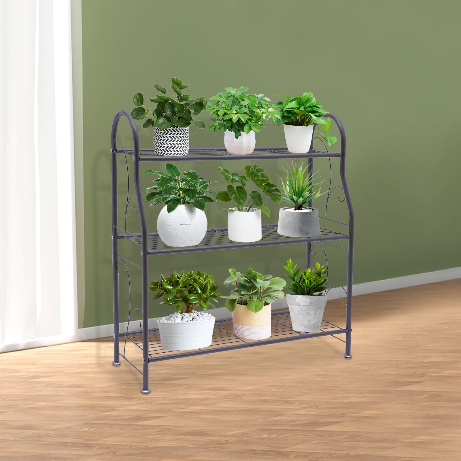 

3-х ярусный напольный держатель для цветочных горшков в помещении и на открытом воздухе, черный устойчивый органайзер для хранения с винтовыми подушечками для ног