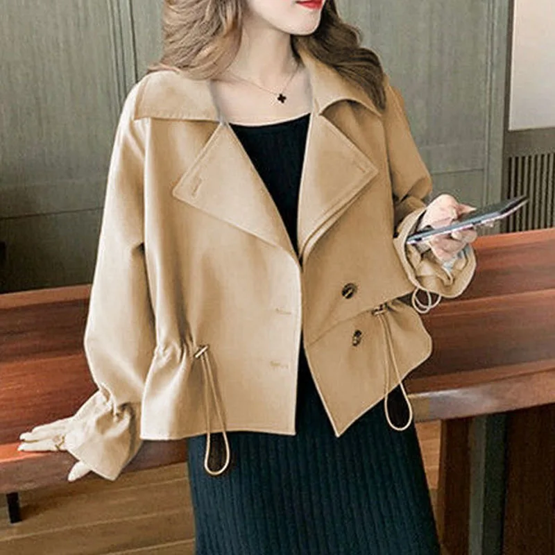 Autumn Fashion Korean Edition Drawstring Flip Neck Solid Color Short Small Windbreaker Loose and Versatile Western Style Coat