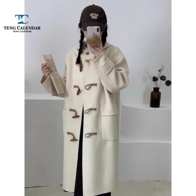 Women's Korean Style Wool Coat, Long Horn Buckle, Stand Up Collar, Hooded Loose Casual Jacket, Autumn Women's Clothing, Fashion