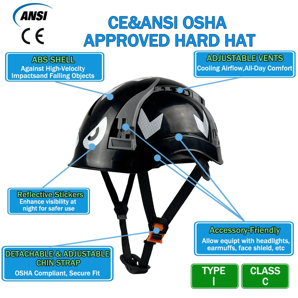 CE-Bauschutzhelm mit reflektierenden Aufklebern, verstellbare Belüftungsschlitzen, ABS-Schutzhelme, Kopfschutz, Arbeitskappe ANSI