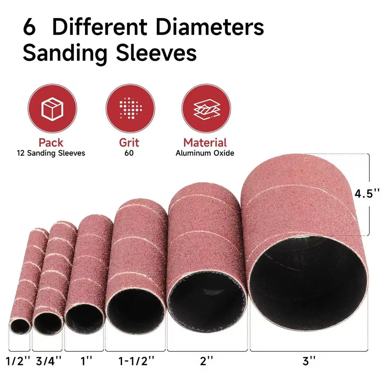 Spindle Sander Sleeve 12PCS, Oscillating Sander Woodworking, Sanding Drums Dremel Tool, 4-1/2