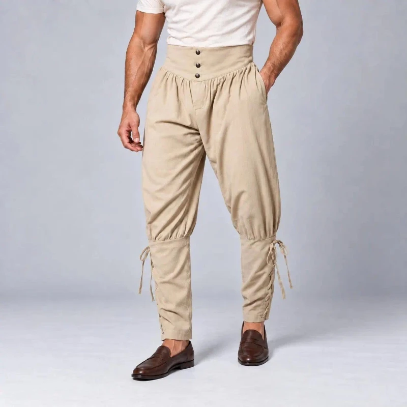 Men Medieval Renaissance Lace‑Up Long Pants, Viking Pirate High Waist Ankle Tied Costume Pants For Halloween LARP Cosplay