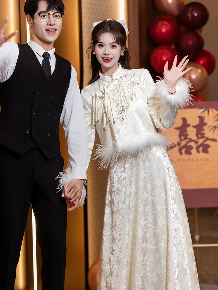 

New Chinese Sle Set Wedding Dr Long Sve Women's Cusized Ceremony Clothes Skirt for Bride Return Home