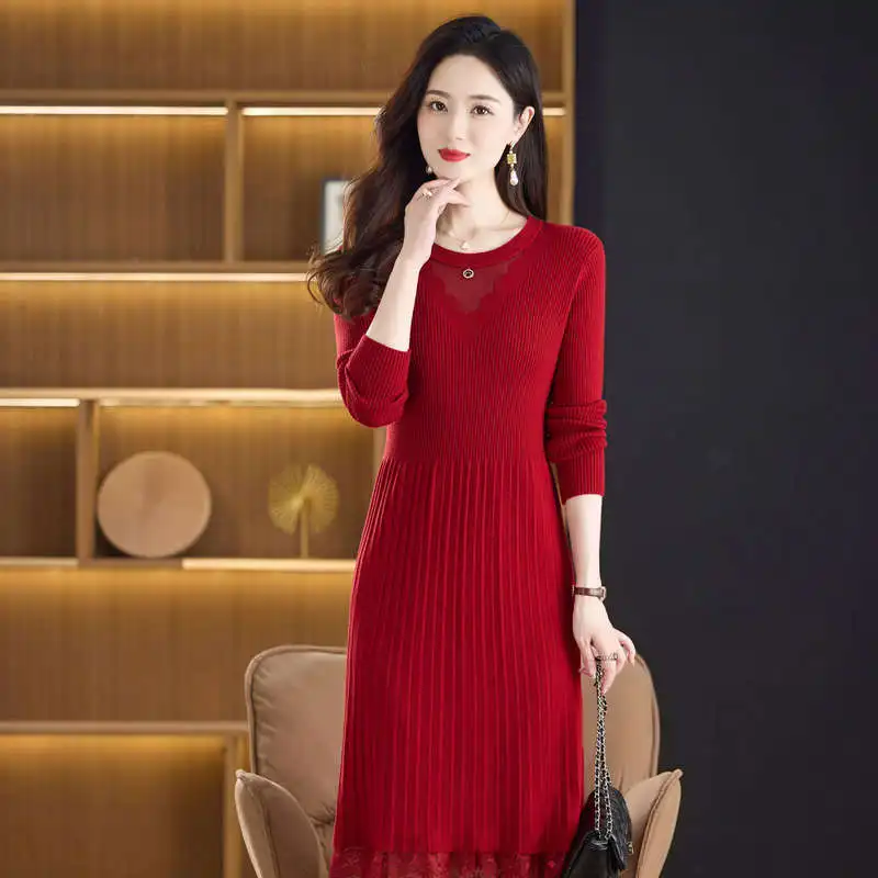 Women Slim Fitting Dresses Beige Red Coffee Black Long Sleeve Round Collar Knitted One Piece Dress Lace Hem Design Kntiwear Lady