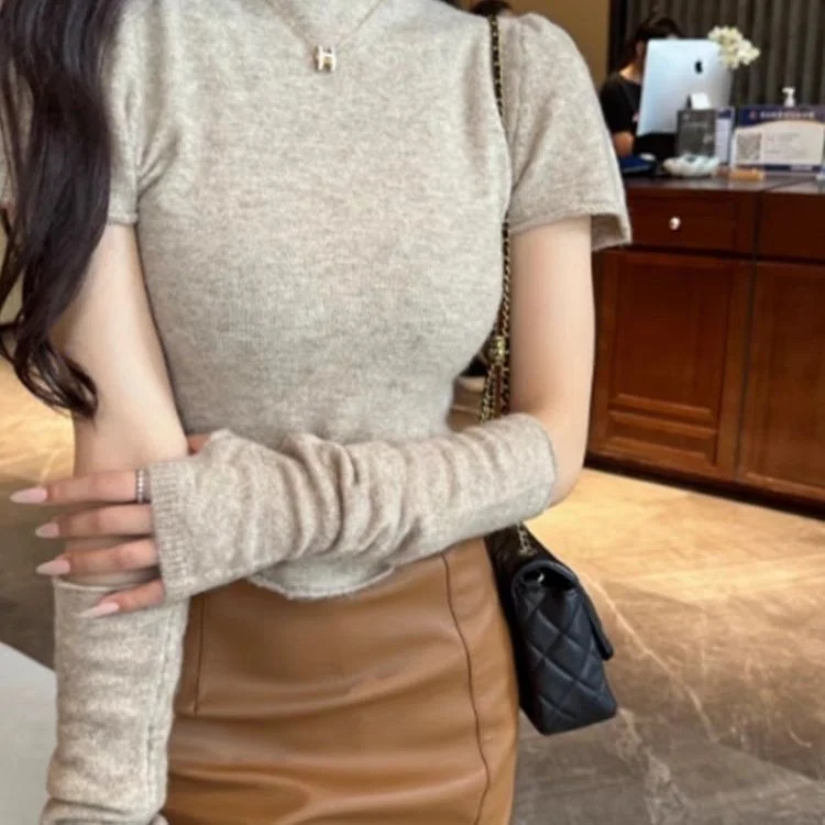 

Detachable Sleeve Knitted Sweater Women Large Size Tops Autumn Golden Polka Dot Fringed Hem V-Neck Classical Business Meeting OL