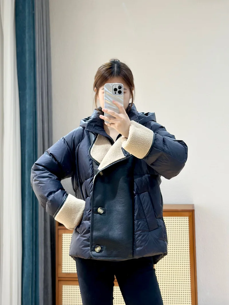 Winter European Women's Down Jacket Commuting Hooded Loose Windproof PU Leather Jacket