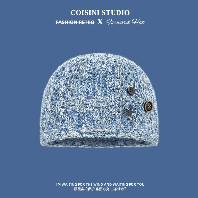 Niche Mixed Color Knitted Buttons Design Beanies for Women Spring and Autumn Street Trend Versatile Fashion Pullover Hats Men