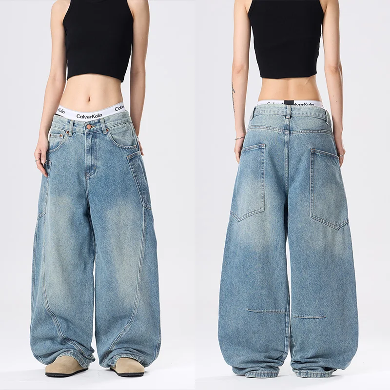 

Джинсы с американским дизайном ножей в стиле ретро для мужчин и женщин, модные широкие свободные длинные брюки с косой, молодежные хлопковые джинсовые брюки