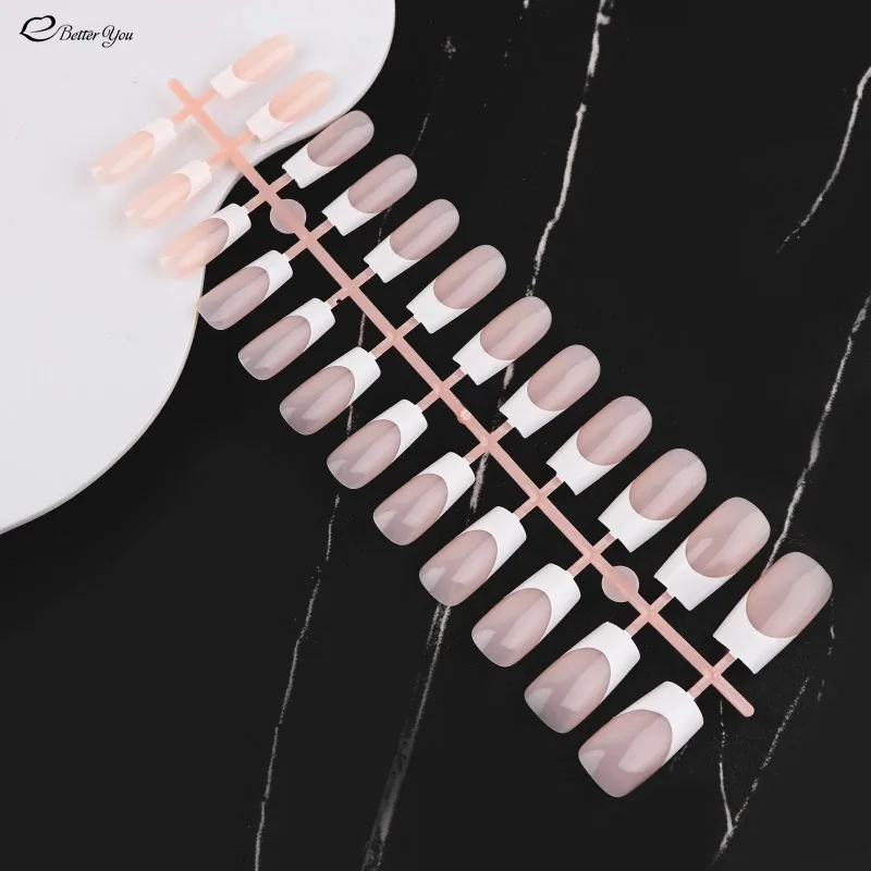 24pcs French Nail Tips False Fake Nails Medium Short Long Rectangular False Nail Easy Wear for Home Office Wear Press on Nails