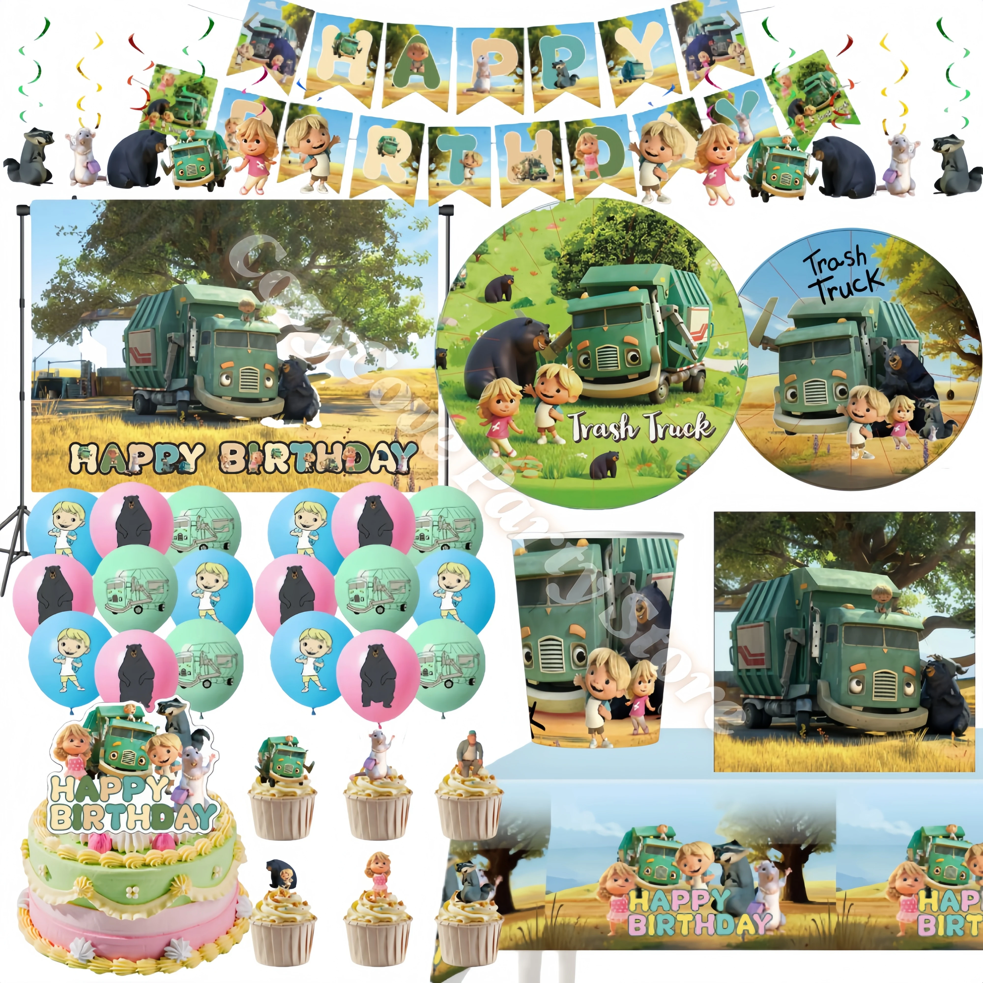 Hank Trash Truck Birthday Party Supplies Plate Cup Backdrop Balloons Cake Topper Gift Bag for Kids favors Birthday Decoration