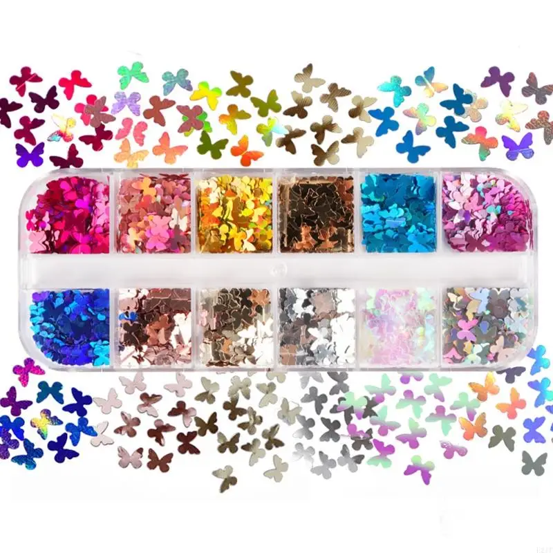 E21F 12 Grids/Box 5mm 3D Shiny for Butterfly Sequins Manicure Paillettes Holographic Glitter Flakes for Epoxy Resin Mold Fill