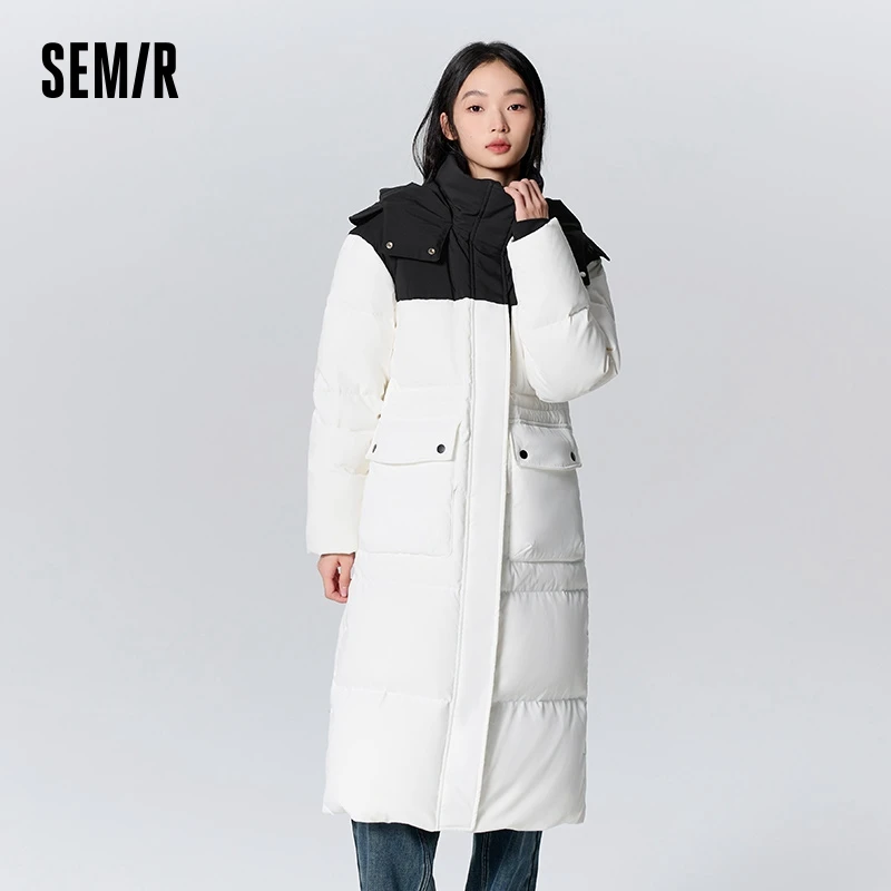 Semir Down Jacket Women Long Hooded Trendy Outdoor 2023 Winter New Fashion Letter Three-proof Thick Coat Heat Storage