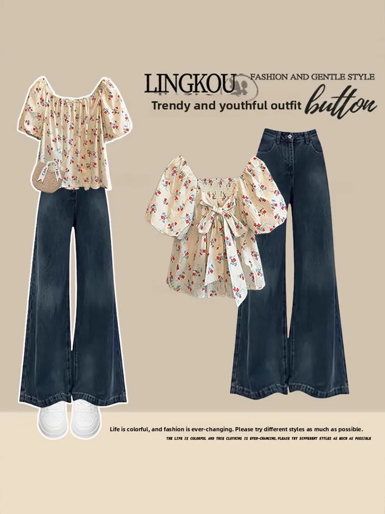 

Anti-Aging Large Size Set Women Summer Knot Retro Floral Shirt Casual Slimming Jeans Two-Piece Set French Style rou...