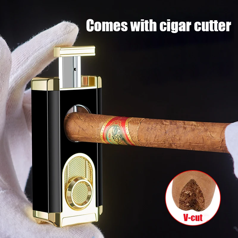 Three Blue Flame Cigar Lighter Multi-functional cigar holder design Visual gas compartment  V-shaped cigar cutter Lighting tool