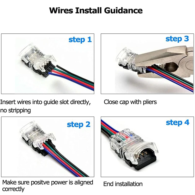 10pcs 4 Pin LED Connector for Waterproof 10mm RGB 5050 LED Strip to Wire Quick Connection Include 5M 22AWG 4pin Extension Cable