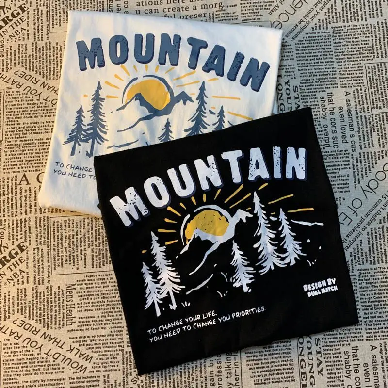 Y2k Men and Women Vintage Snow Mountain Printing Graphic T-shirt Fashion Couple Street Summer Personalized Short Sleeve Top