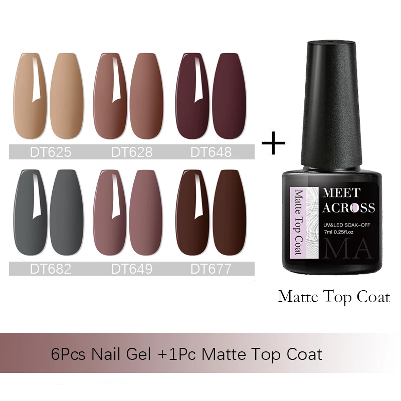 MEET ACROSS 7Pcs/Set Gel Nail Polish Set With Matte Top Coat Nude Red Pink Nail Art Soak Off Gel Polish Kit Manicure for Nails