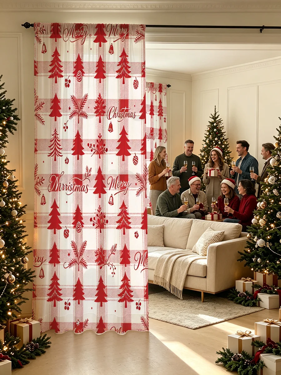 Buffalo checkered red Christmas tree printed curtains 2PCS, red curtains, holiday curtains, holiday decoration matching