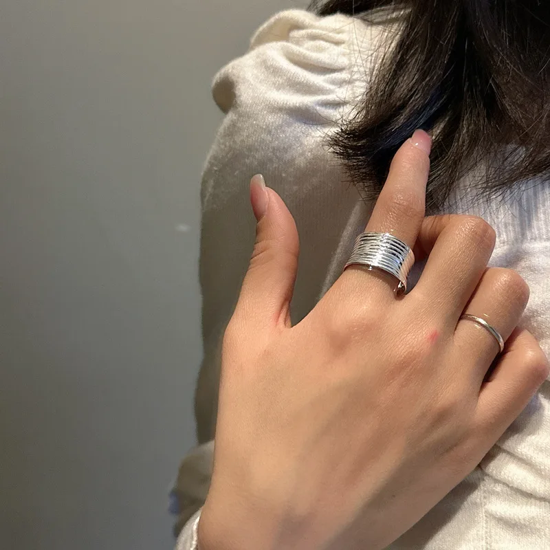 

S925 Sterling Silver Korean Retro Style Ring Arc Texture Line Design Wedding Occasion Wholesale