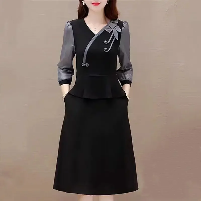 

Women V-neck Spring Autumn New Fashion Retro Spliced Bow Ruffles Ruched Long Sleeve Button Fake Two Piece Slim A-Sub Dress Dress