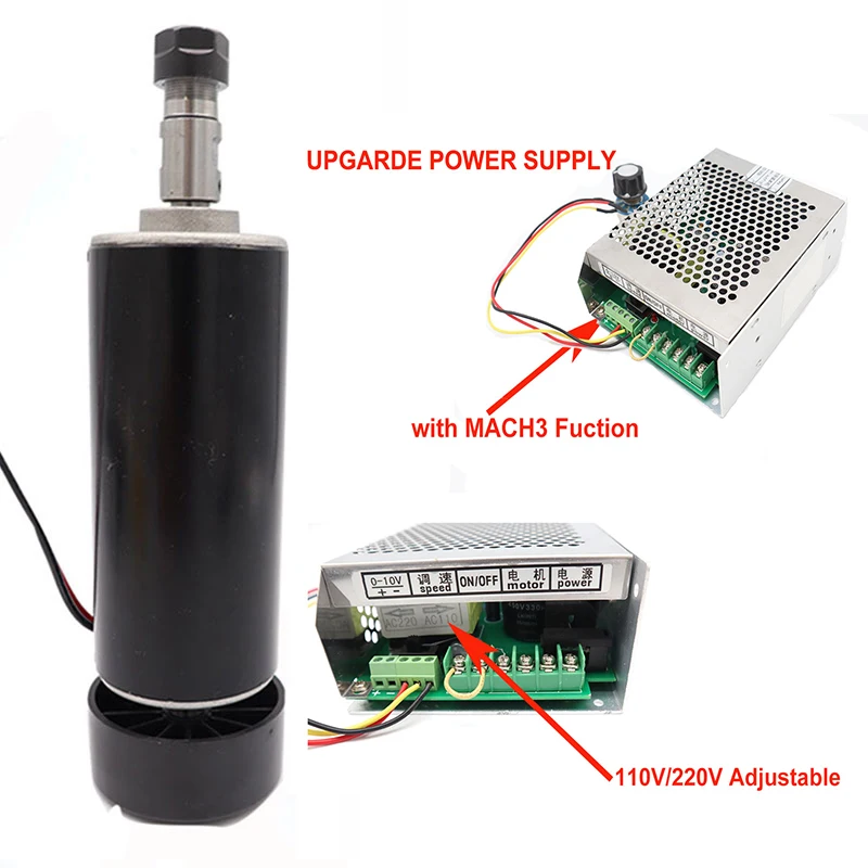 

0.5KW Air Cooled Motor ER11 Collet Chuck 12000RPM DC 500W Spindle Motor with Mach3 Adjustable Power Supply